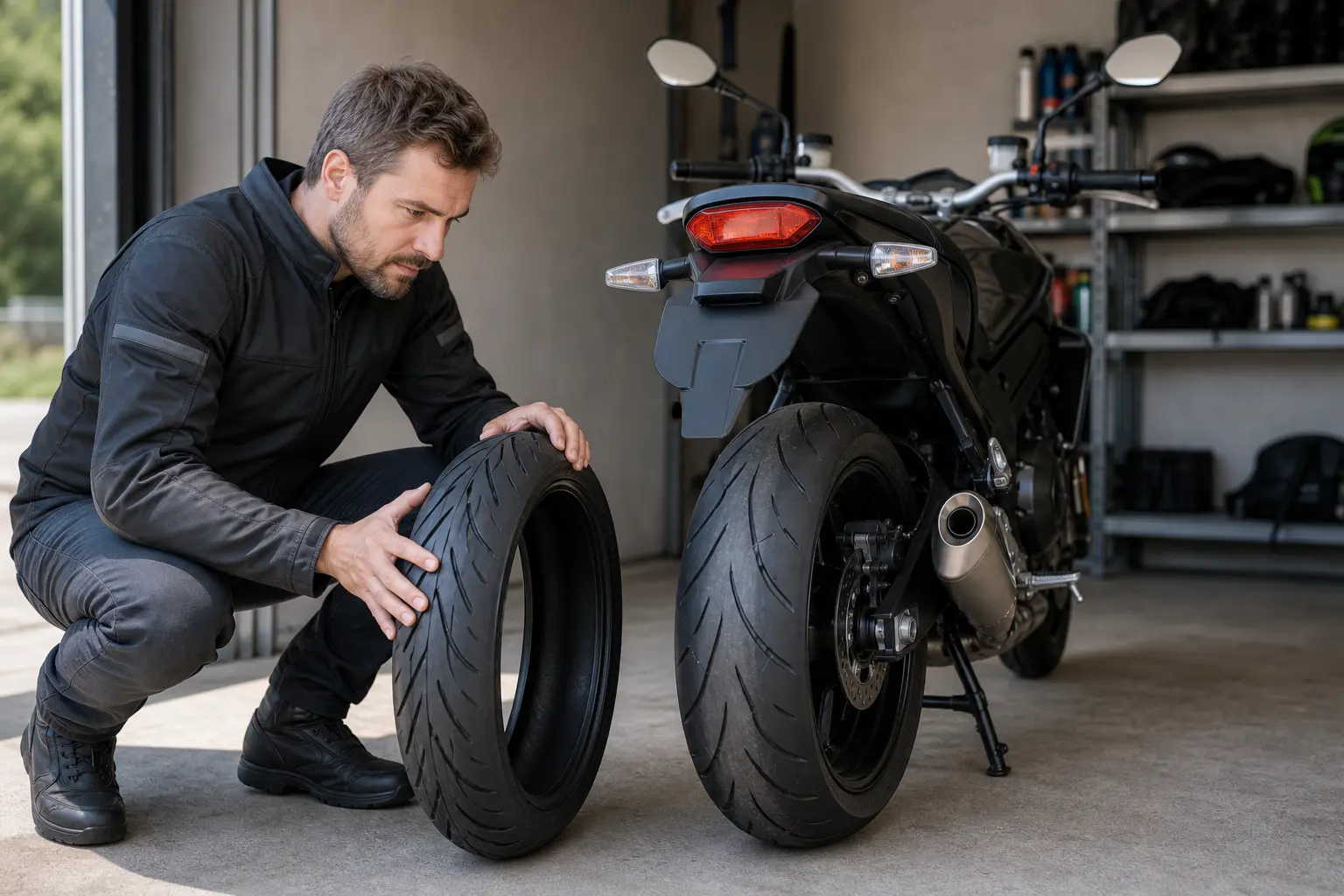 Rider comparing an unbranded motorcycle tire with a parked motorcycle.