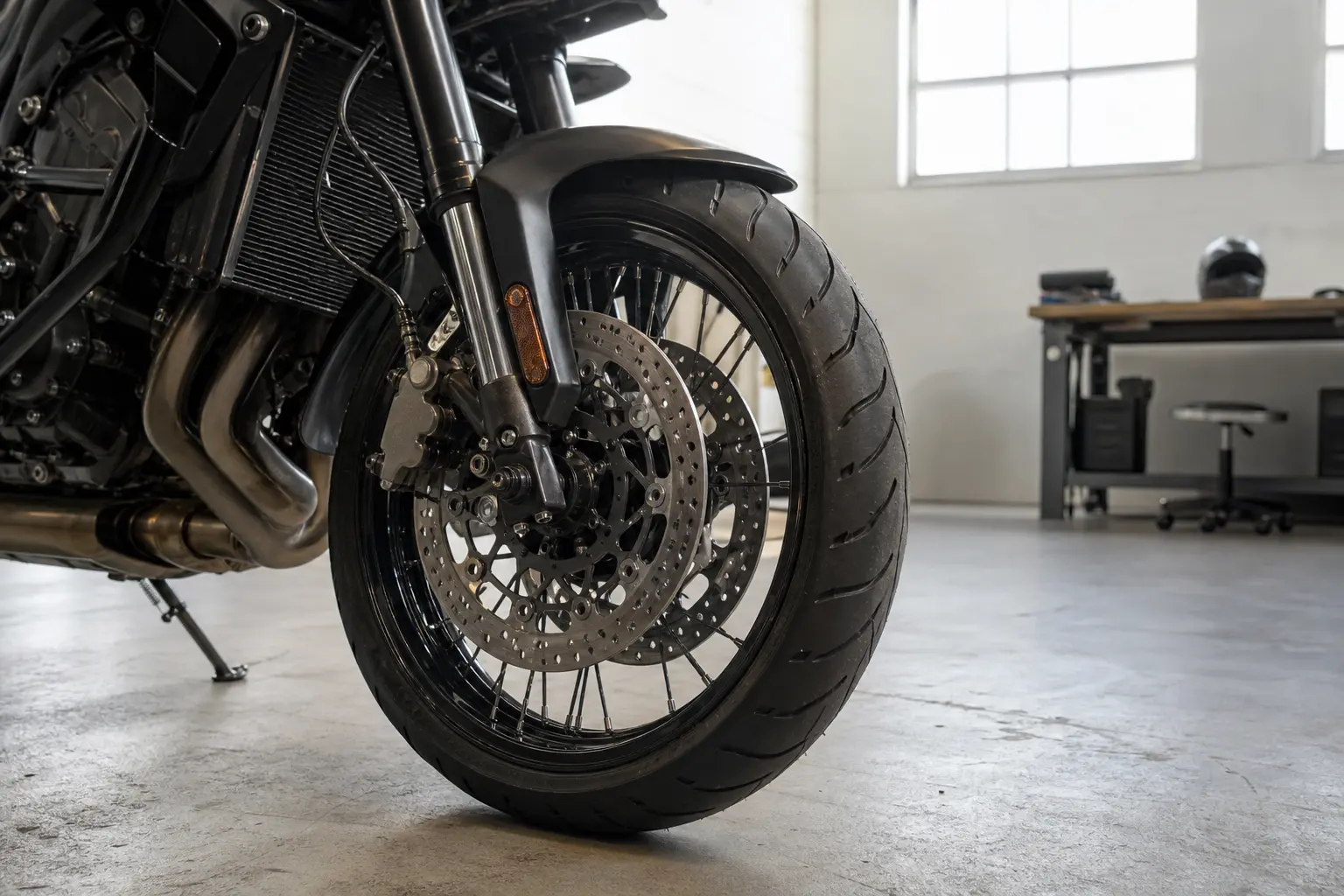 Motorcycle front tire and wheel showing surrounding clearance areas.