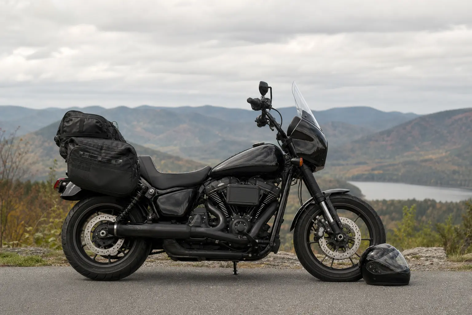 Loaded motorcycle parked before a ride, with tires visible.