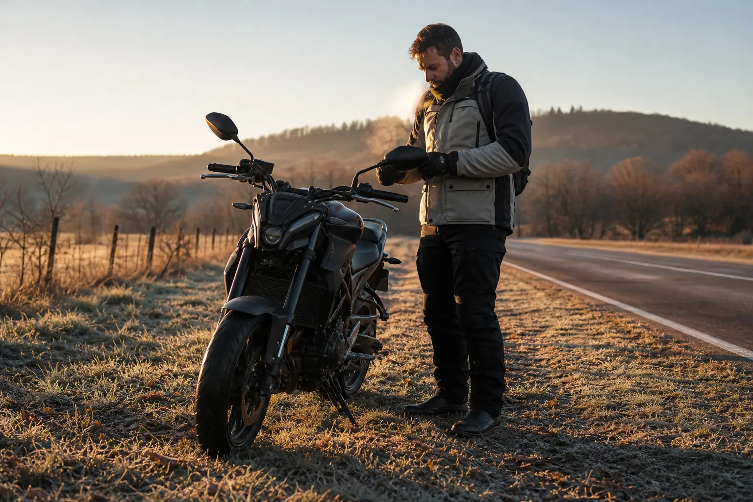 Motorcyclist preparing for a cold morning ride beside a rural road