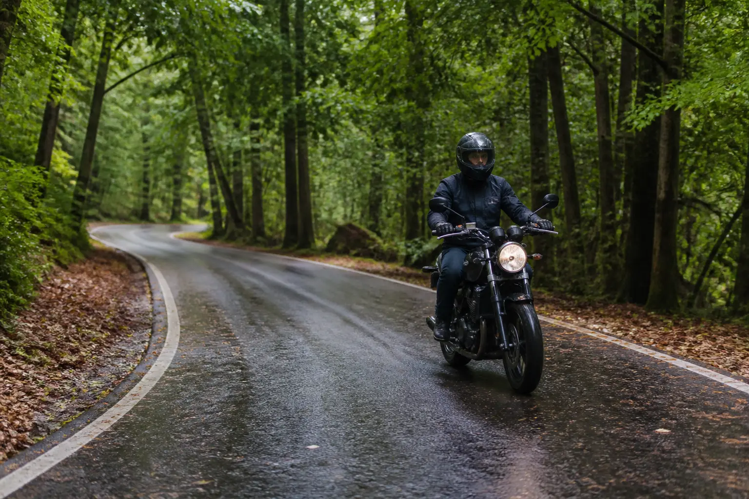 Motorcycle traveling cautiously through a shaded autumn road
