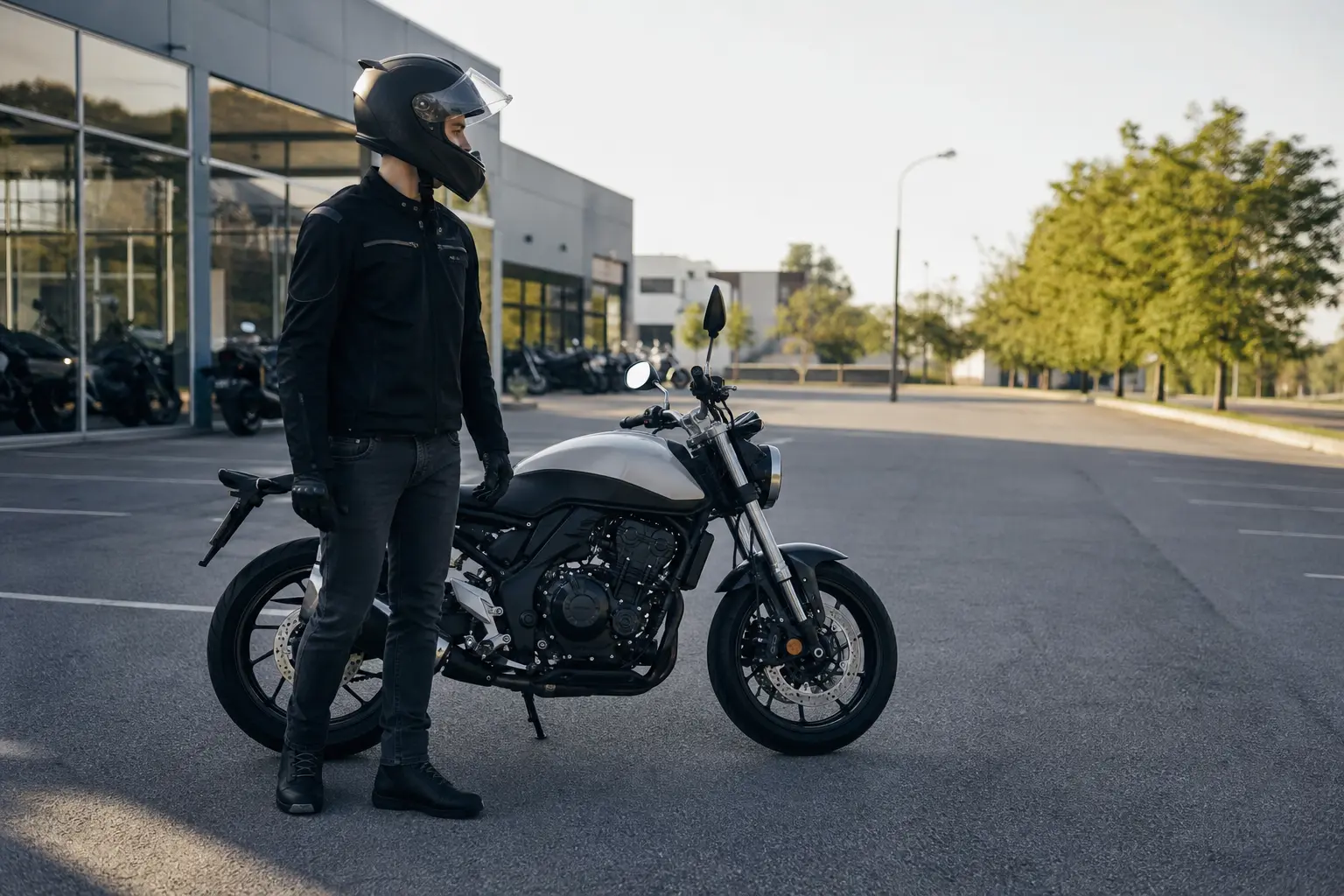 Motorcyclist preparing calmly beside a motorcycle before a first ride home.