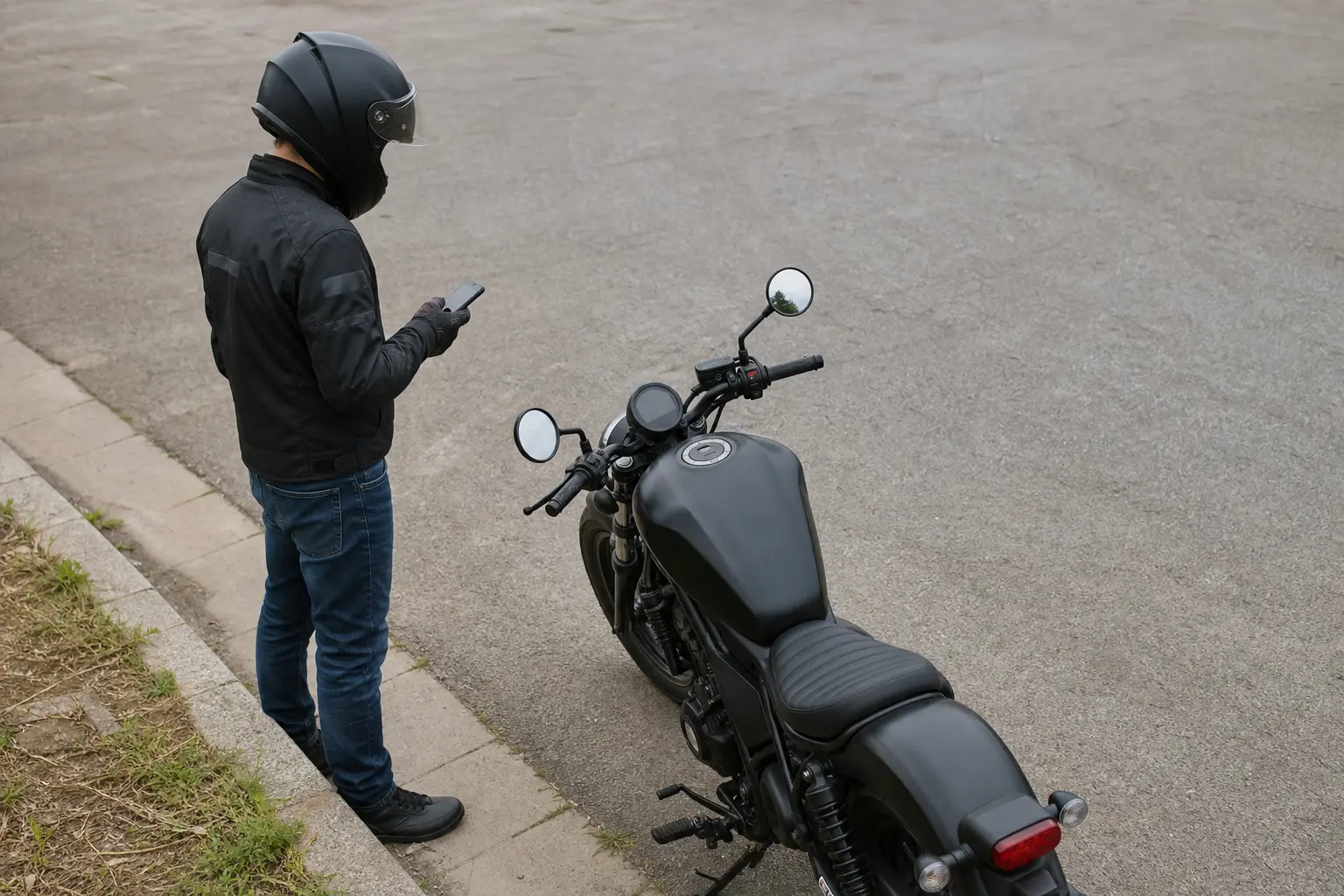 Rider planning a simple route beside a parked motorcycle in a quiet open area.