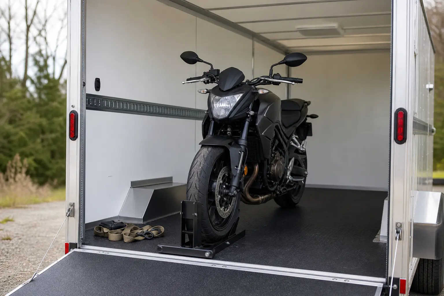 Motorcycle positioned in an enclosed trailer during transport preparation.