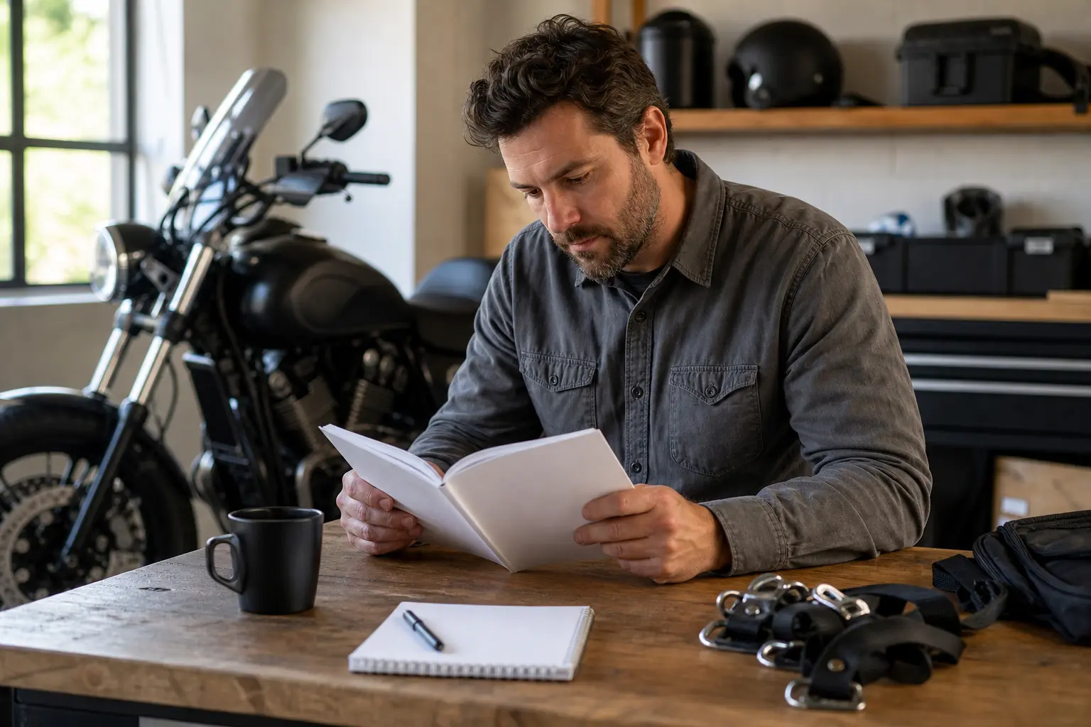 Rider reviewing motorcycle documentation before arranging transport.