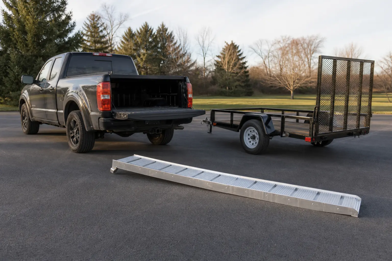 Truck, trailer, and loading ramp staged on level pavement.
