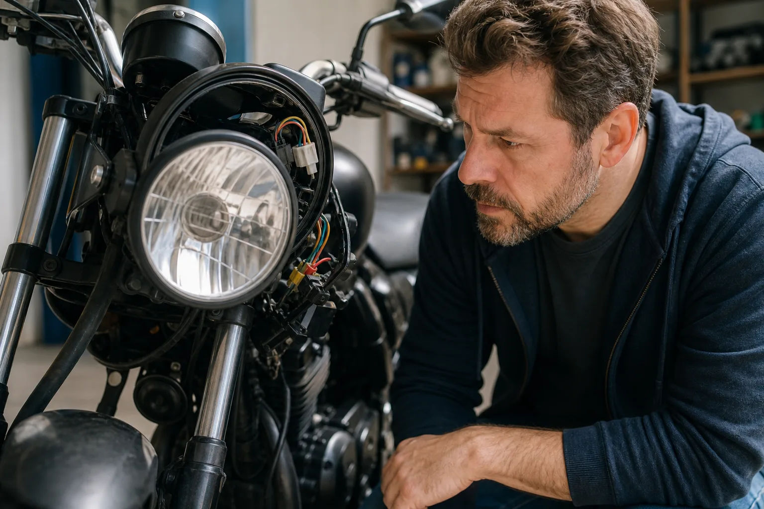 Motorcycle parked in a garage for a visual headlamp inspection.
