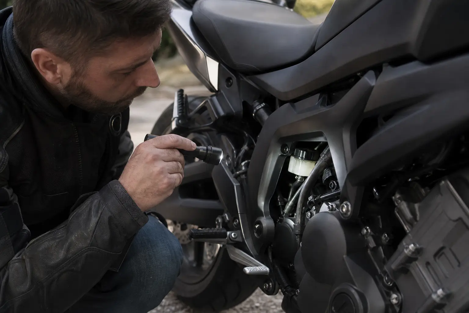 Motorcyclist inspecting visible cooling-system areas with good lighting.