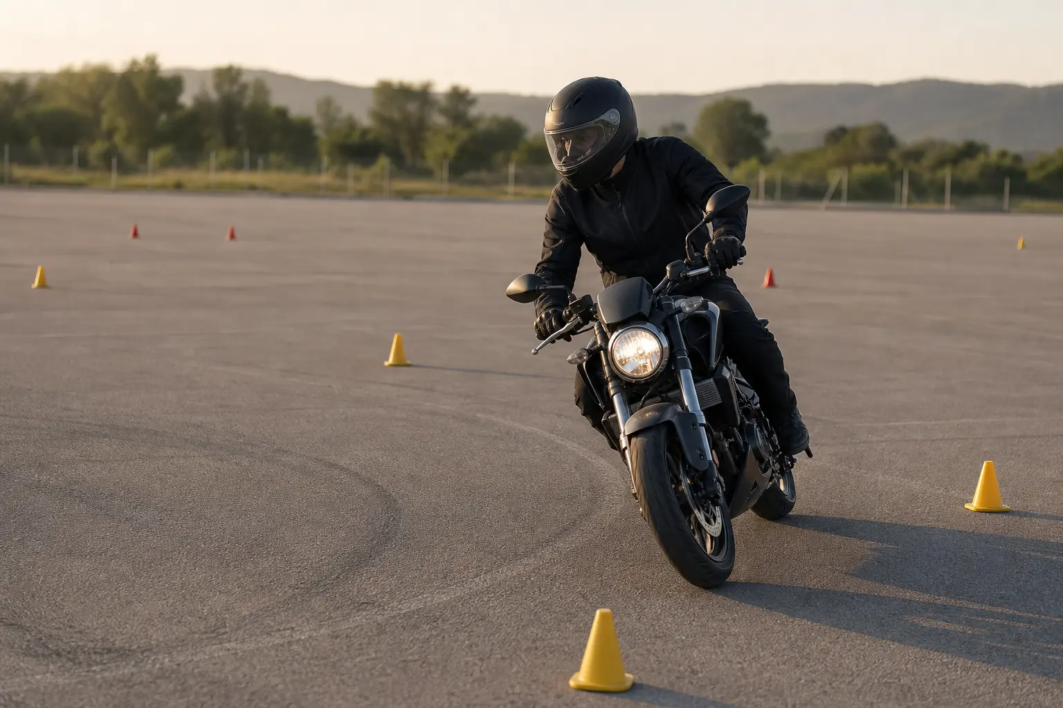 Motorcyclist practicing a broad low-speed turn in an open parking lot.