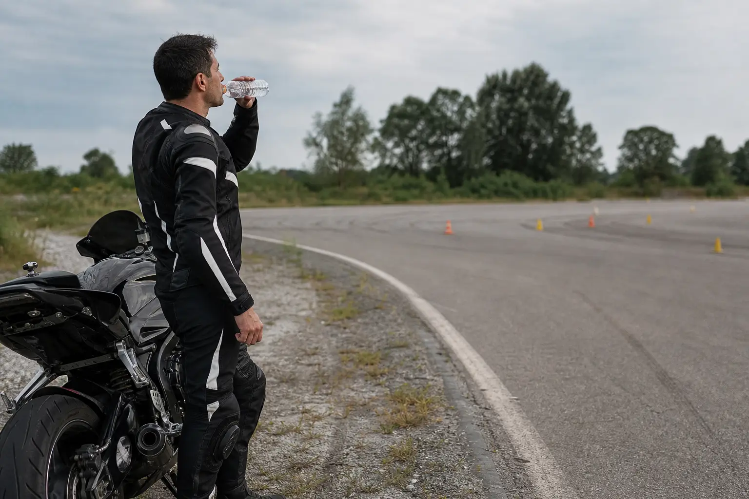 Rider taking a deliberate break during a motorcycle practice session.