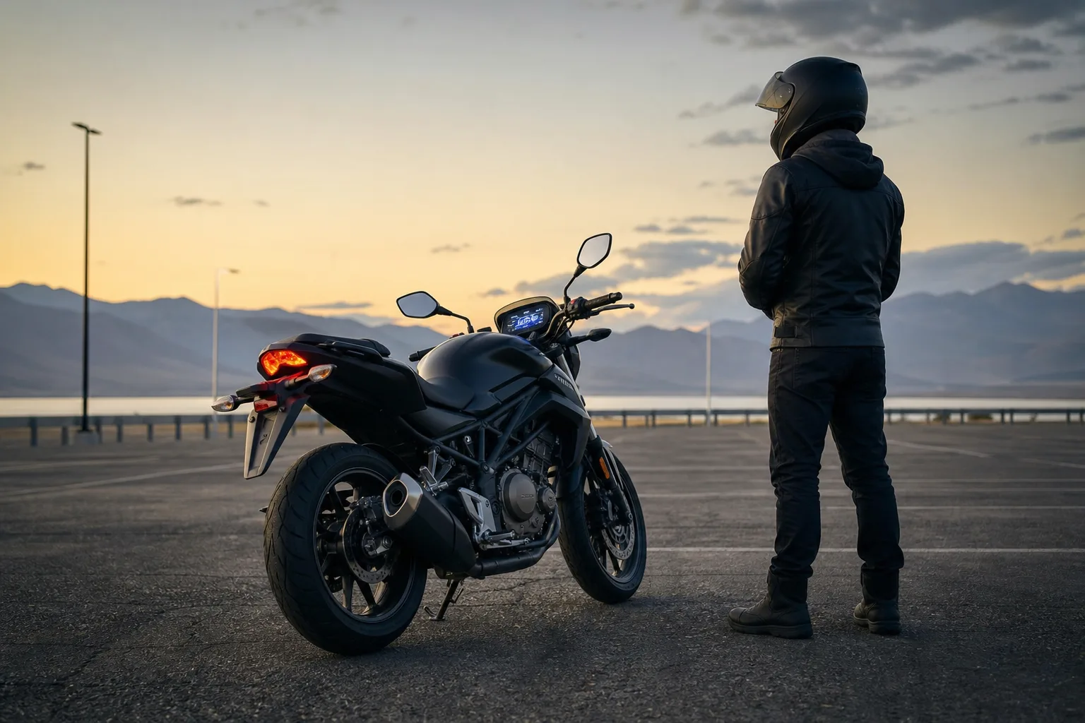 Rider checking a motorcycle before leaving a quiet parking area.