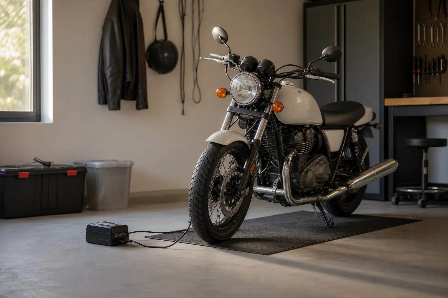 Motorcycle prepared for indoor seasonal storage in a tidy garage.