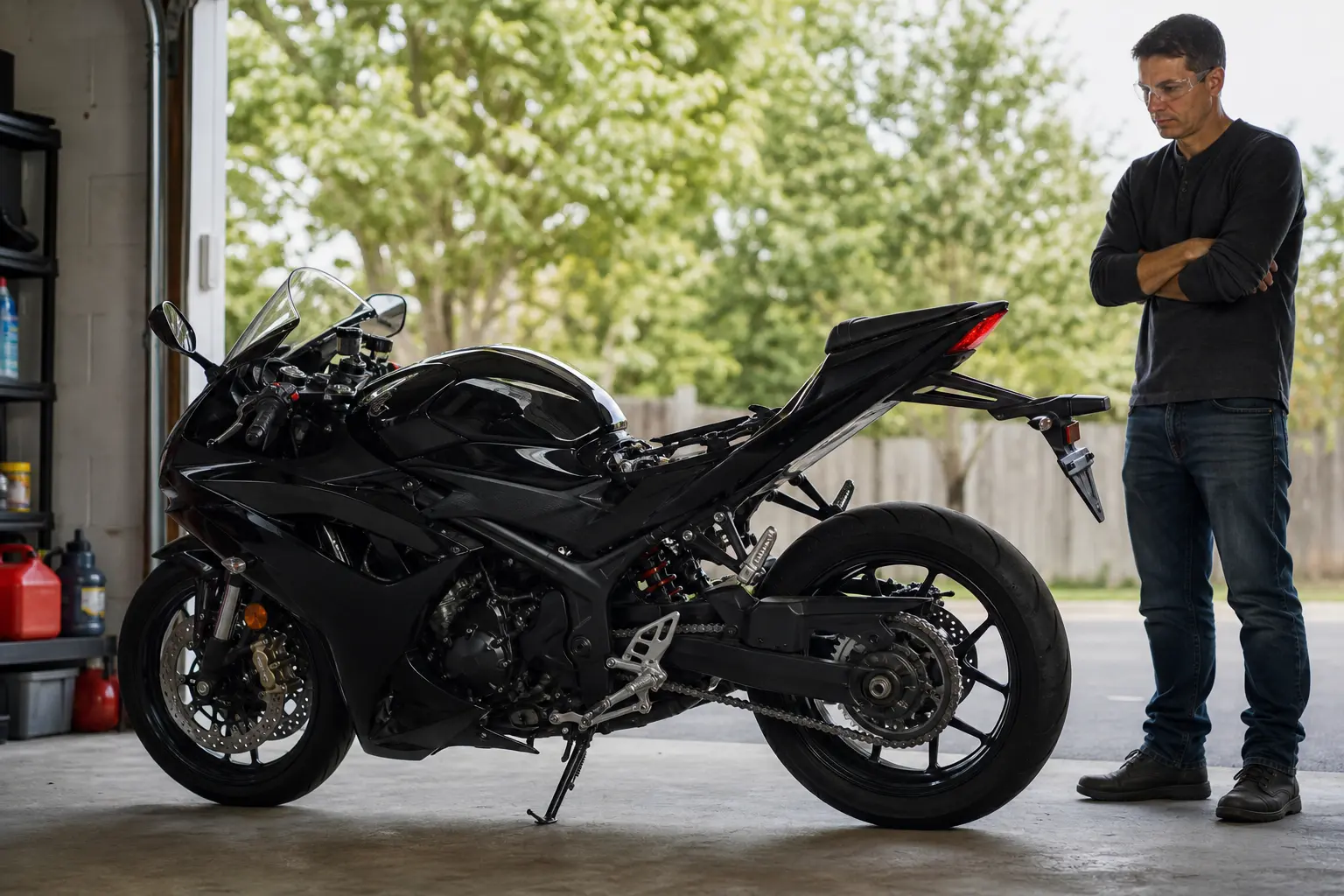 Rider visually inspecting a motorcycle battery area in a garage.