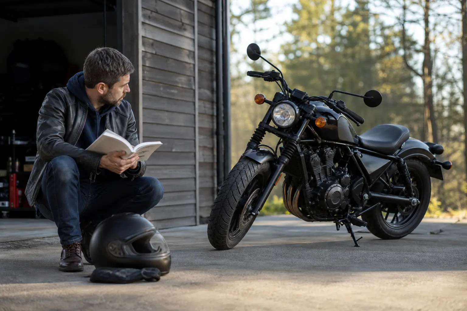 Rider reviewing motorcycle documentation before deciding on the next step.