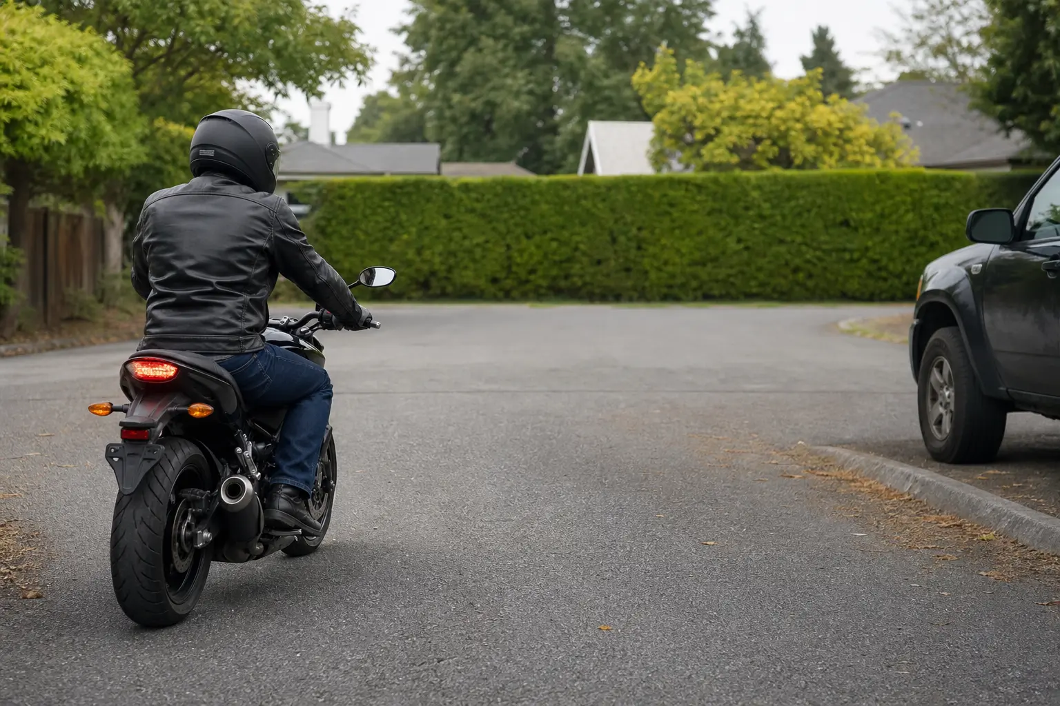 Motorcyclist slowing before a neighborhood intersection with a blocked sightline