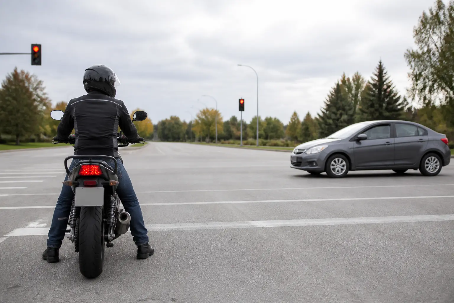 Motorcyclist retaining space while monitoring a possible opposing turn