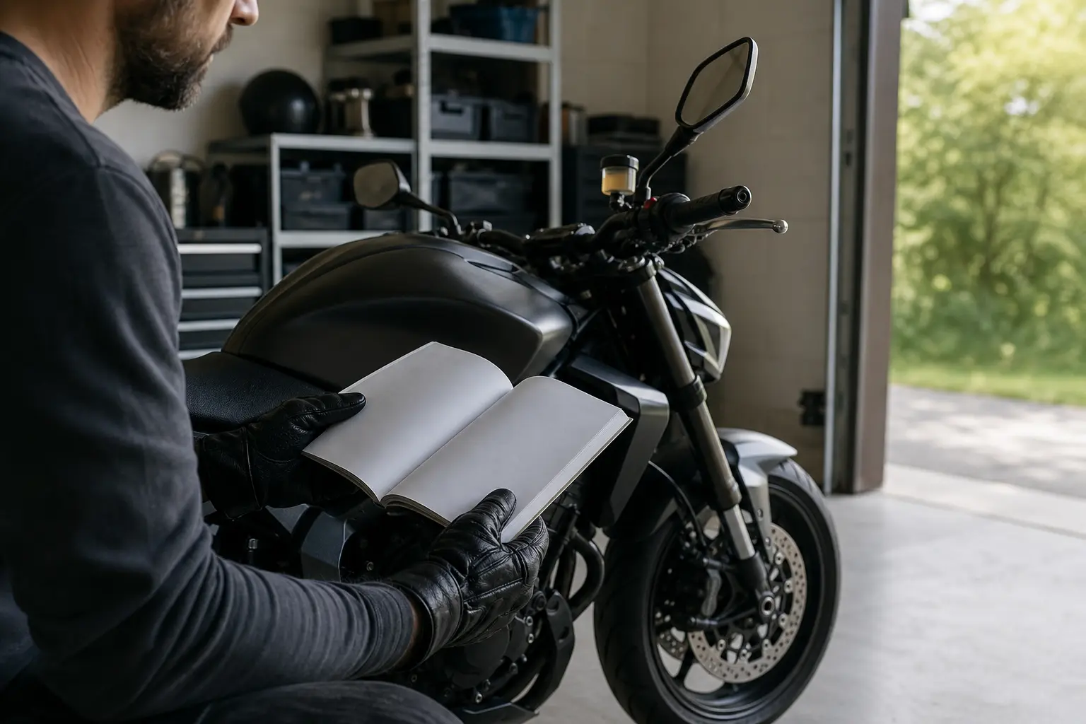 Rider reviews a motorcycle maintenance manual beside a parked motorcycle