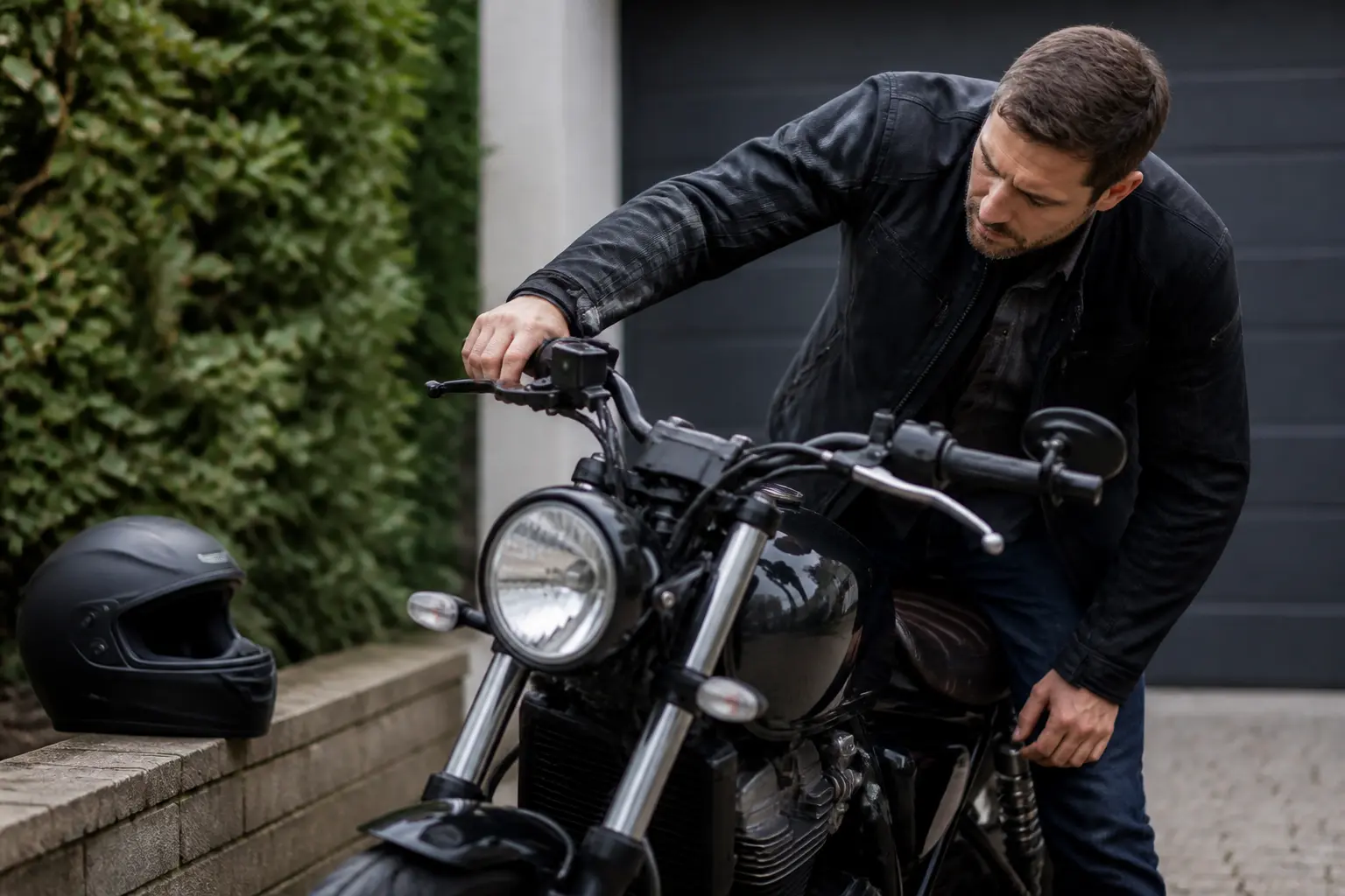 Rider performs a pre-ride visual inspection of motorcycle brake controls