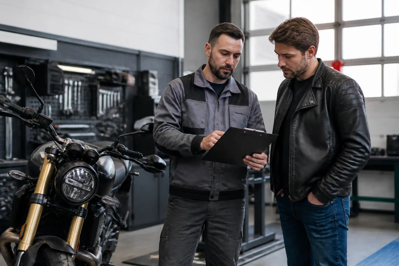 Rider discusses motorcycle brake service records with a technician