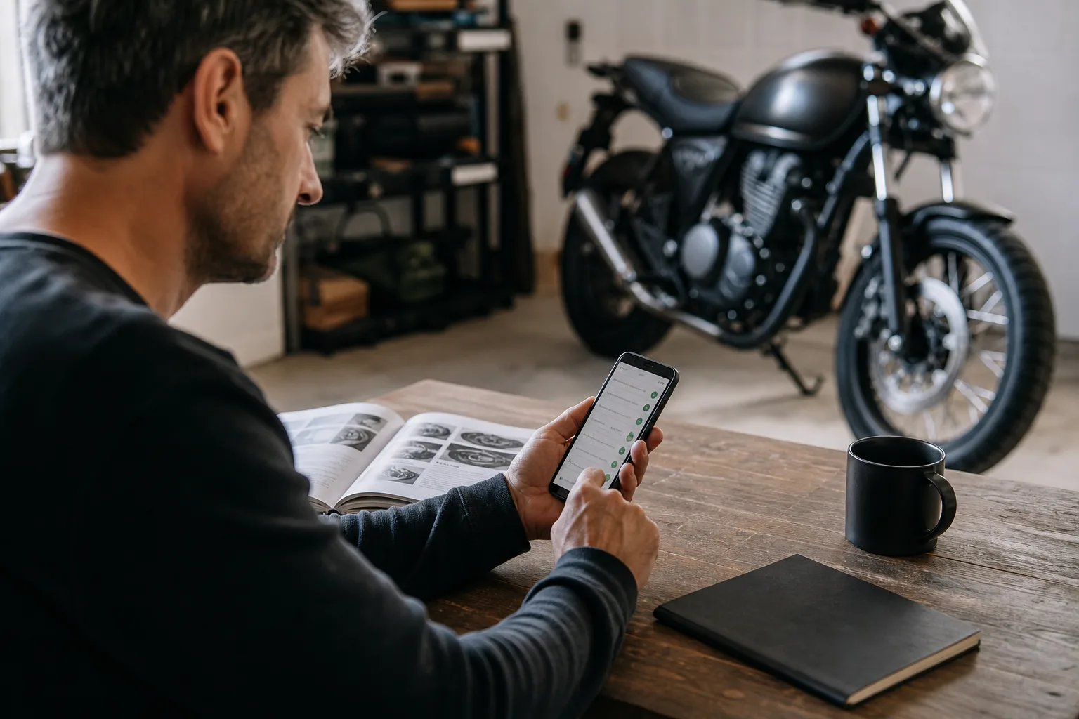 Rider recording a brake concern and reviewing motorcycle documentation.