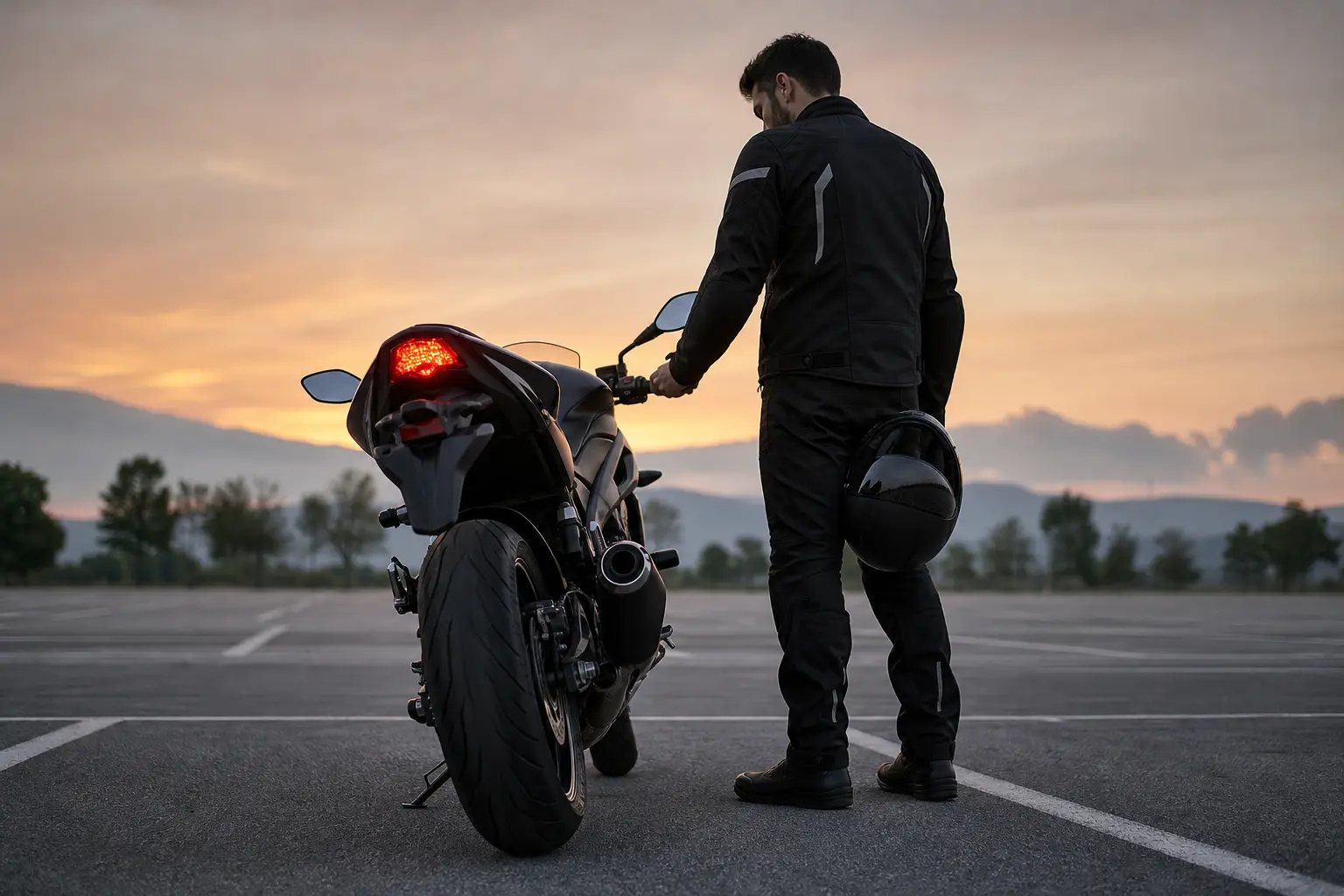 Rider preparing to check a motorcycle rear brake light before riding.