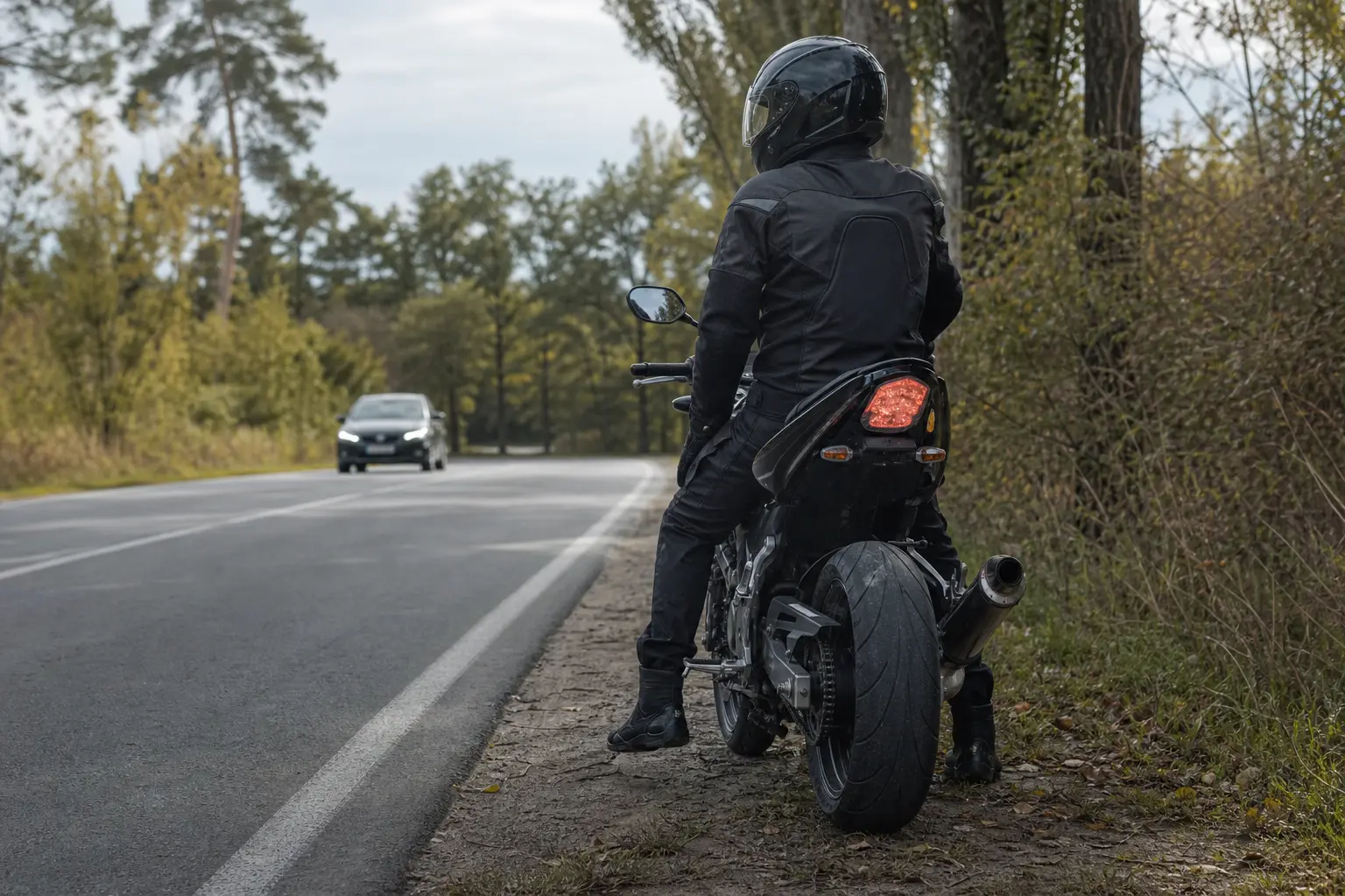 Motorcycle rider pausing before joining traffic after a pre-ride check.