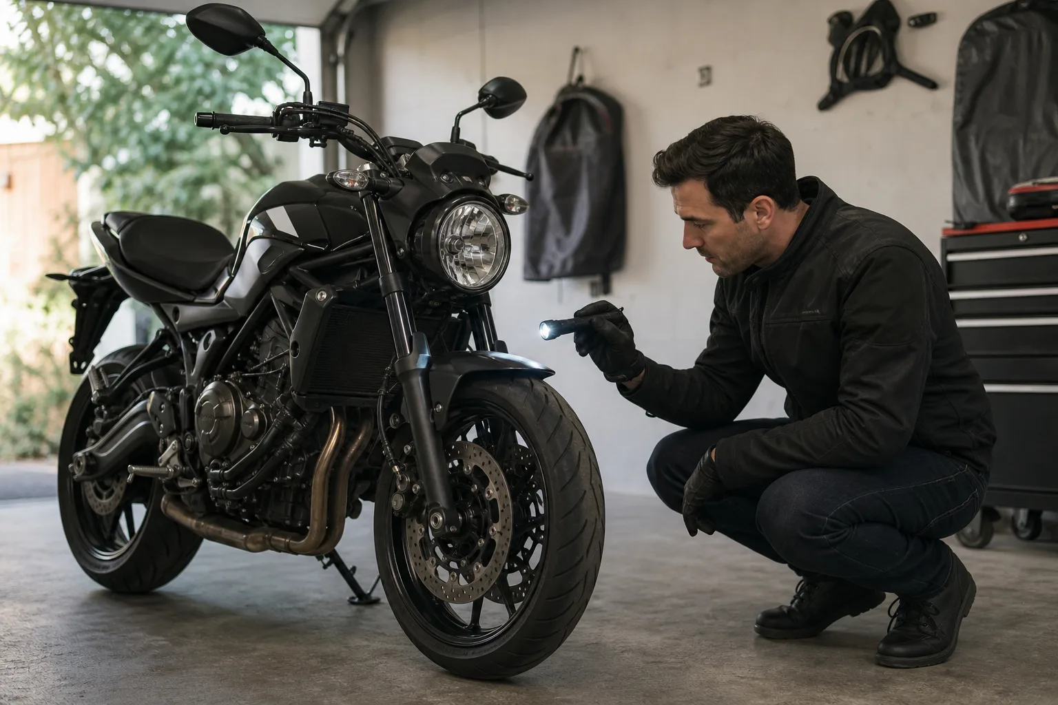 Rider making a visual motorcycle brake inspection in a garage.