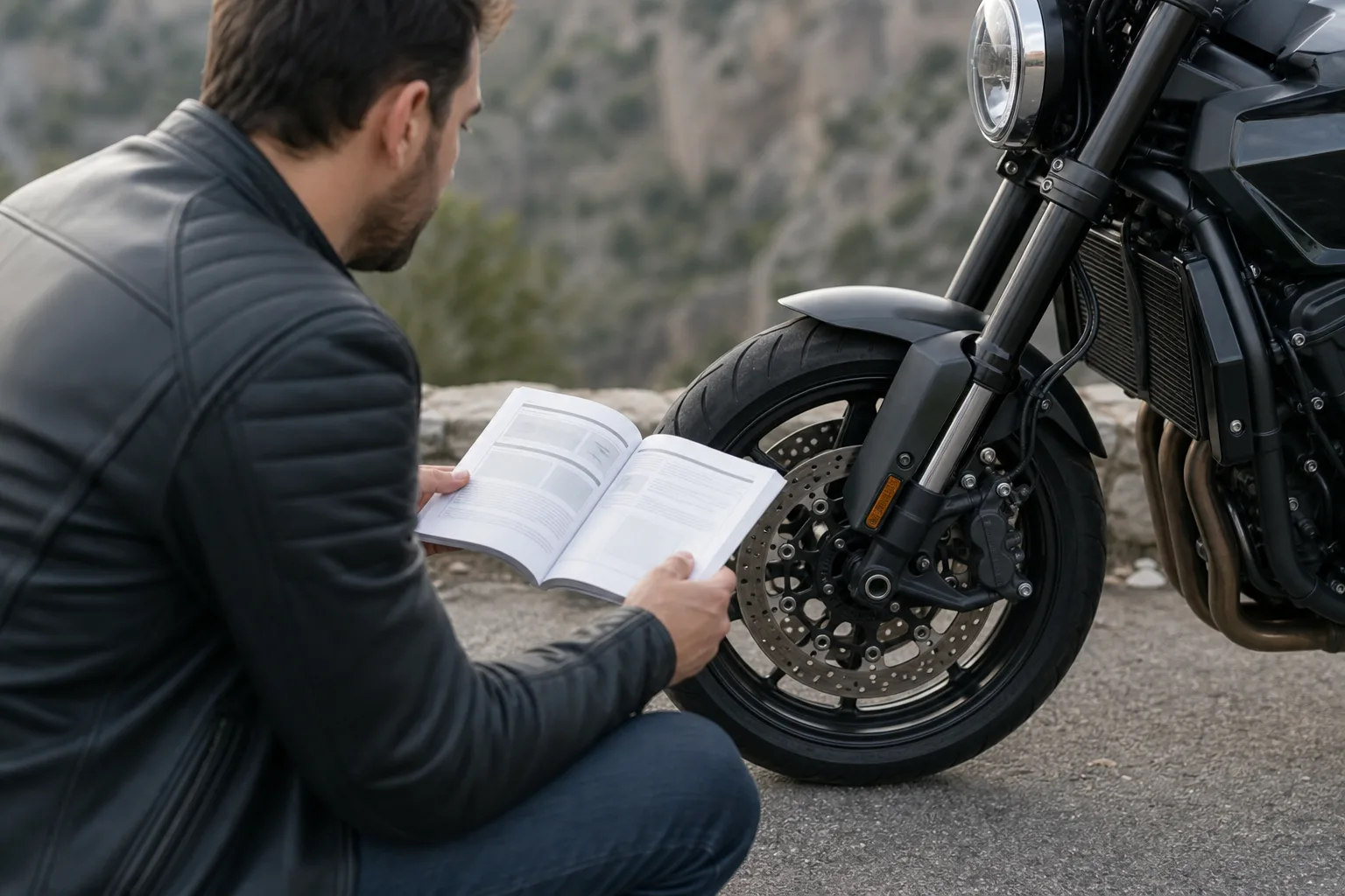 Owner comparing a motorcycle manual with the front brake area.