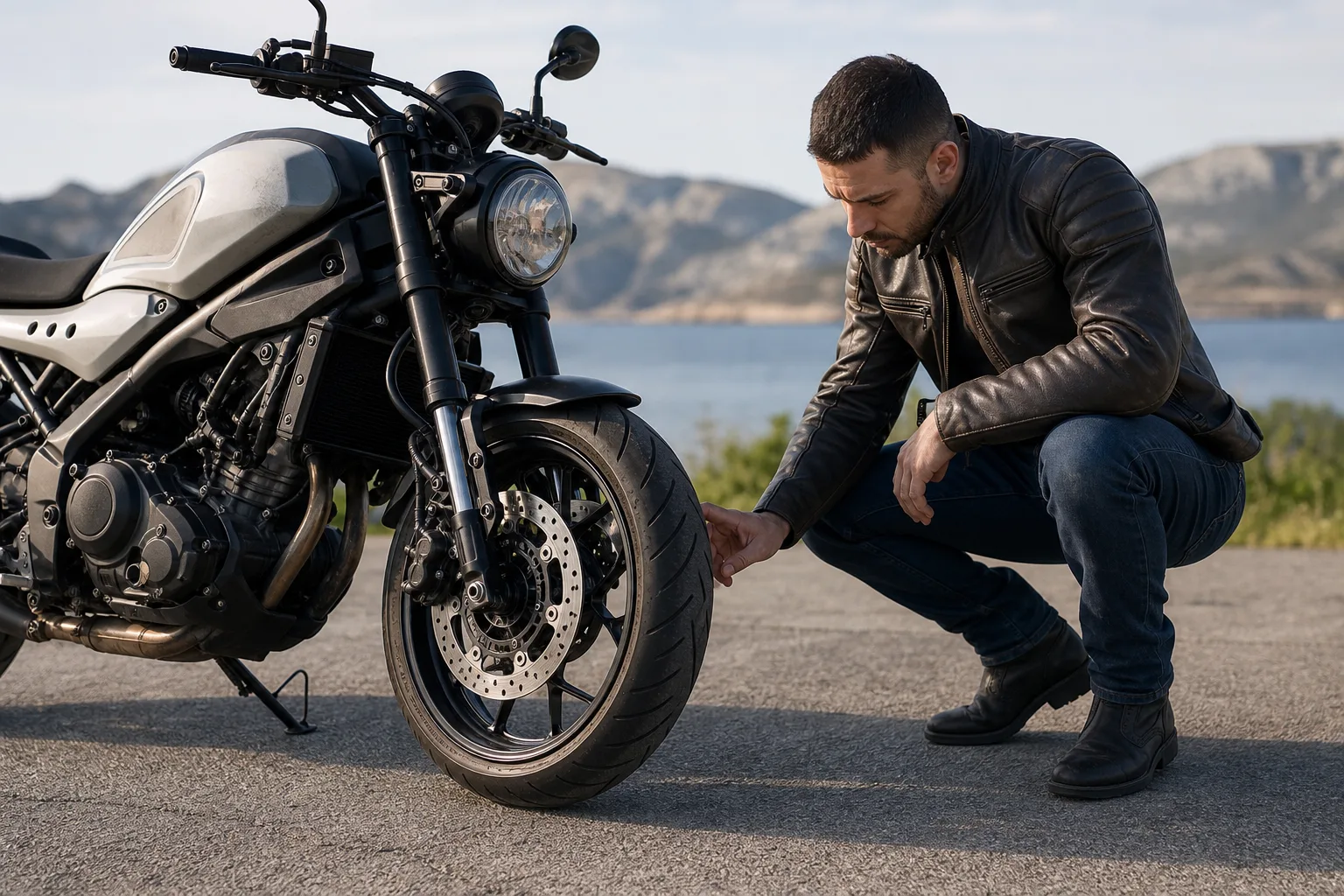 Rider completing a motorcycle pre-ride brake check.