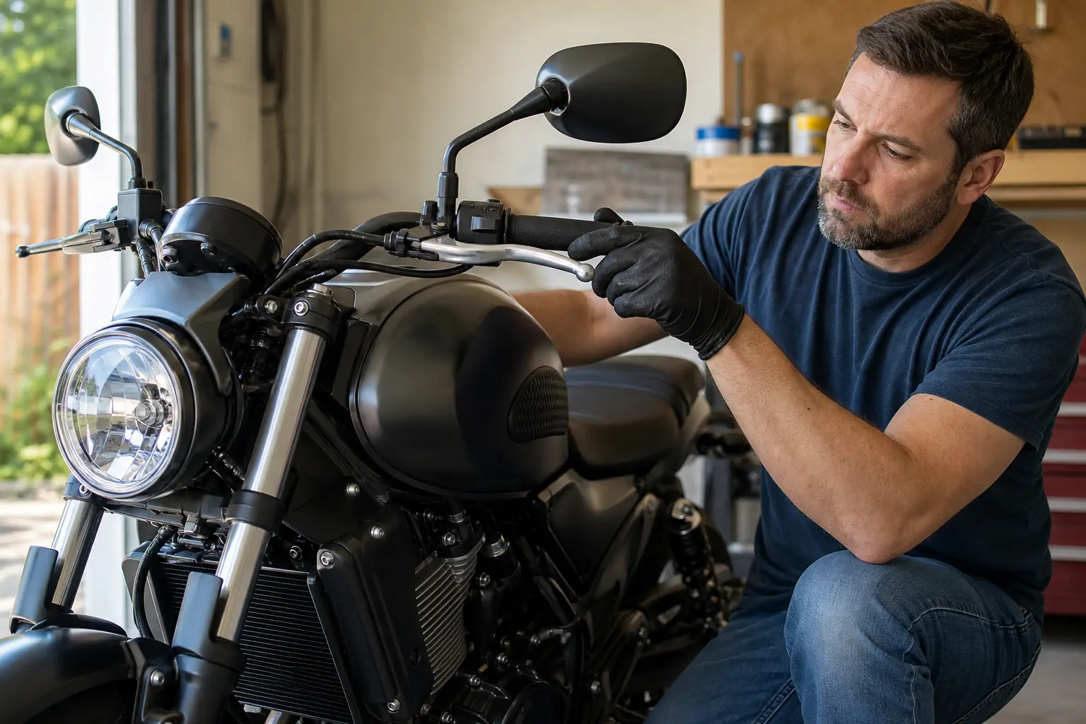 Rider visually checking a motorcycle clutch cable while the bike is parked.