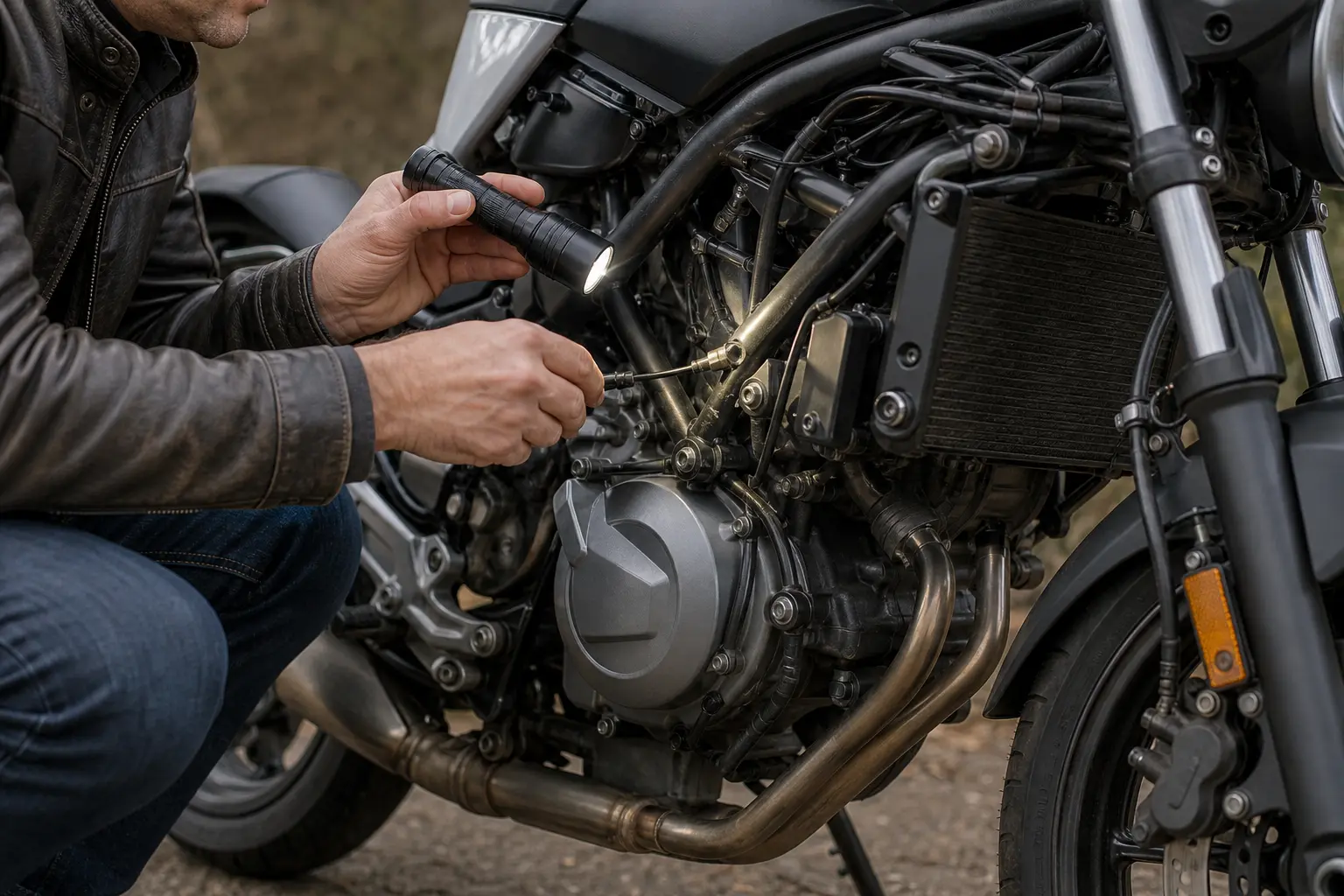 Rider using a light to inspect a parked motorcycle clutch cable.