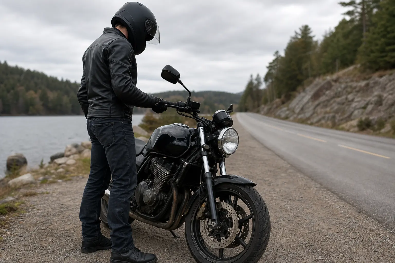 Motorcyclist paused beside a road while assessing an unusual clutch feel.