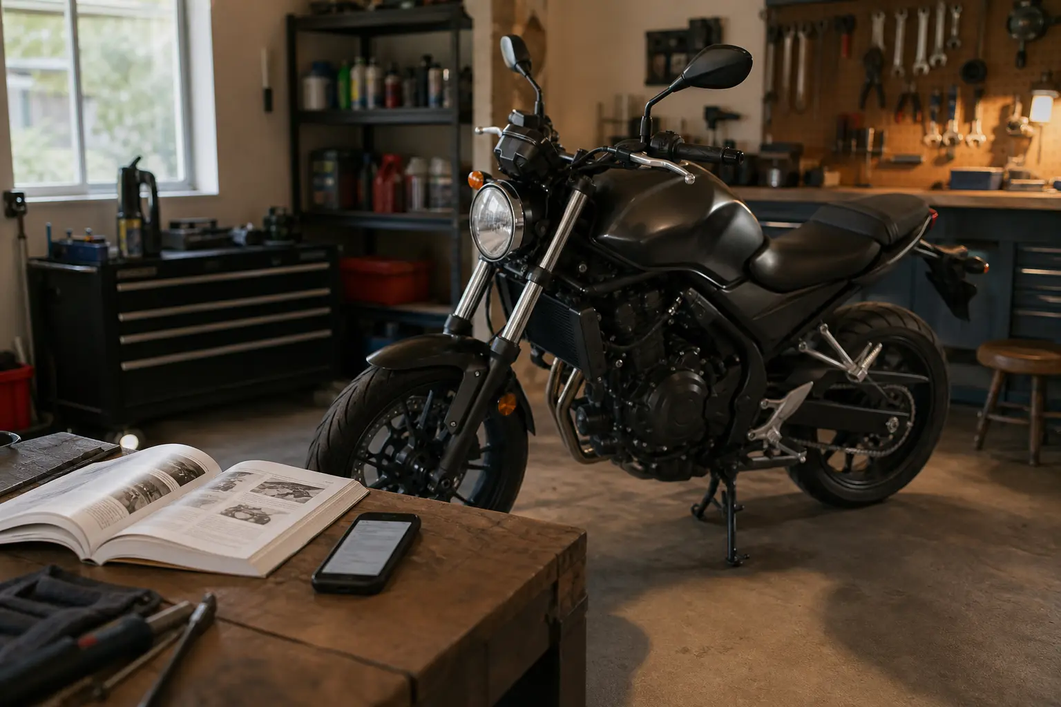 Parked motorcycle with maintenance notes being organized before service.