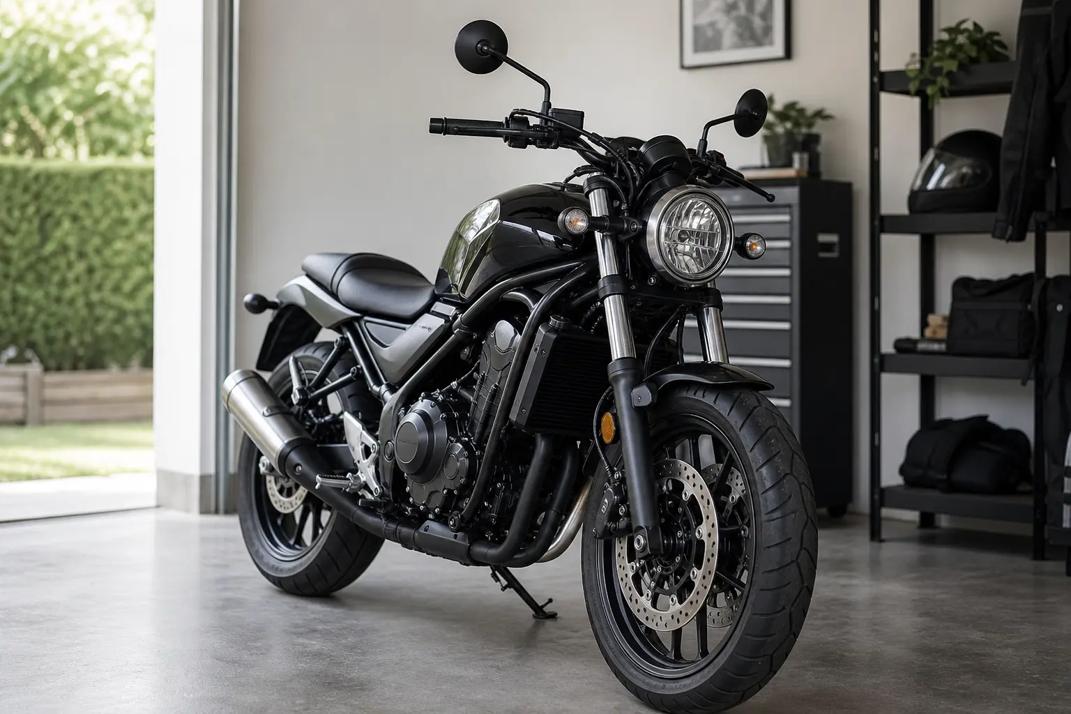 Parked motorcycle prepared for a cable and hose routing inspection