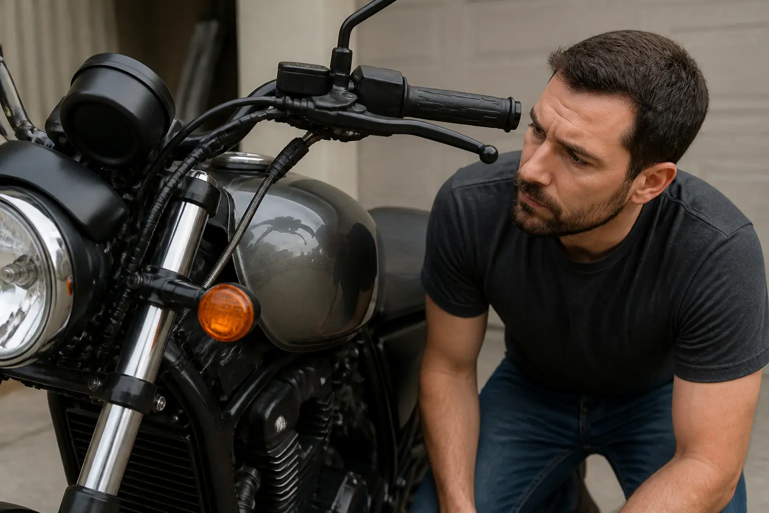 Rider inspecting control-line clearance around a motorcycle steering area