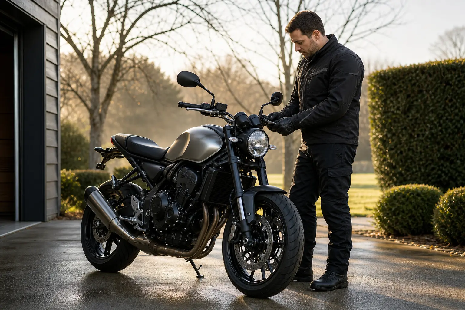 Rider checks a motorcycle's handlebar controls before the first ride after storage