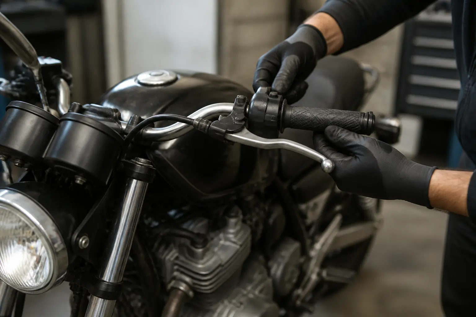 Gloved rider inspects throttle and brake controls on a parked motorcycle