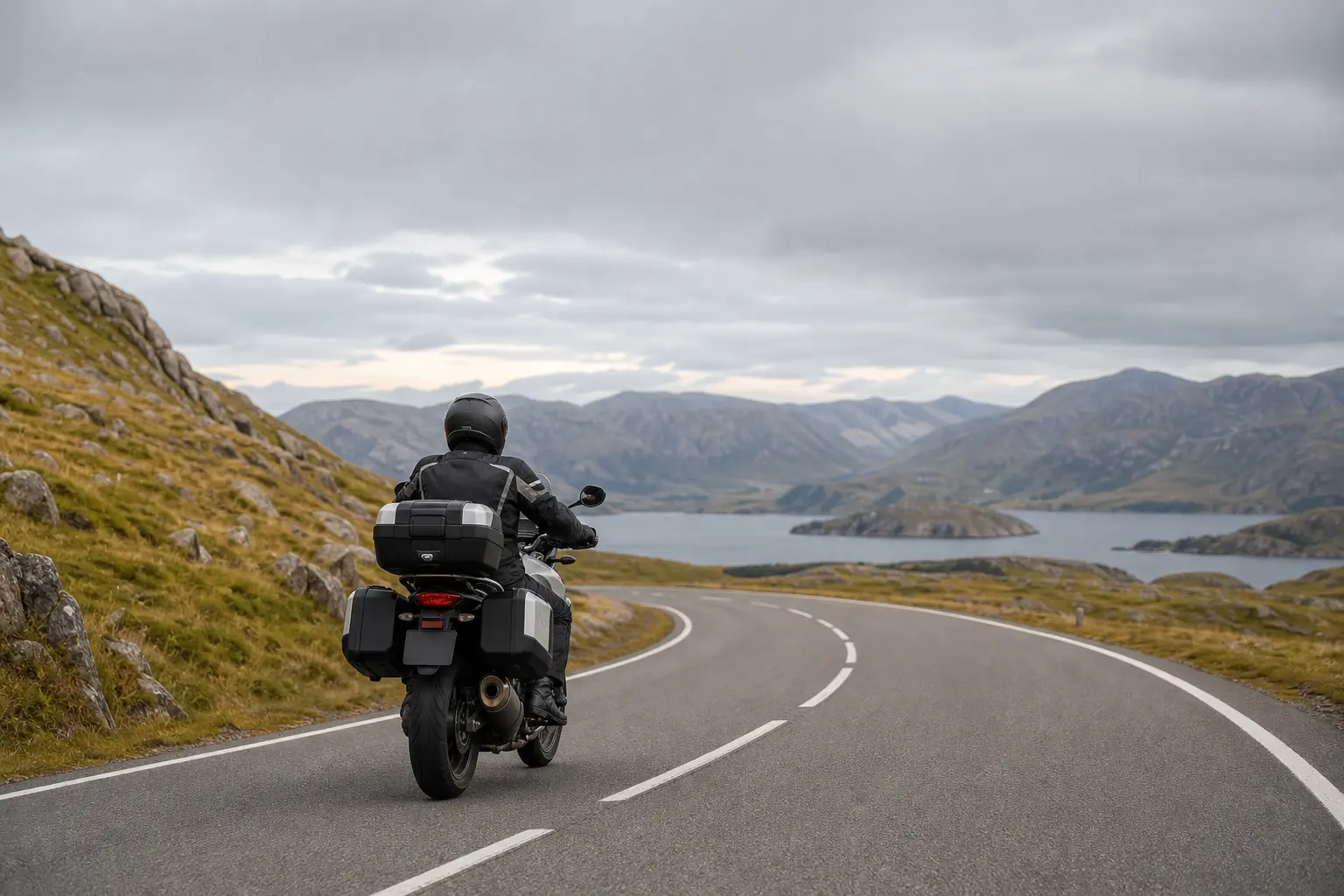 Motorcyclist approaching an open rural bend with generous space