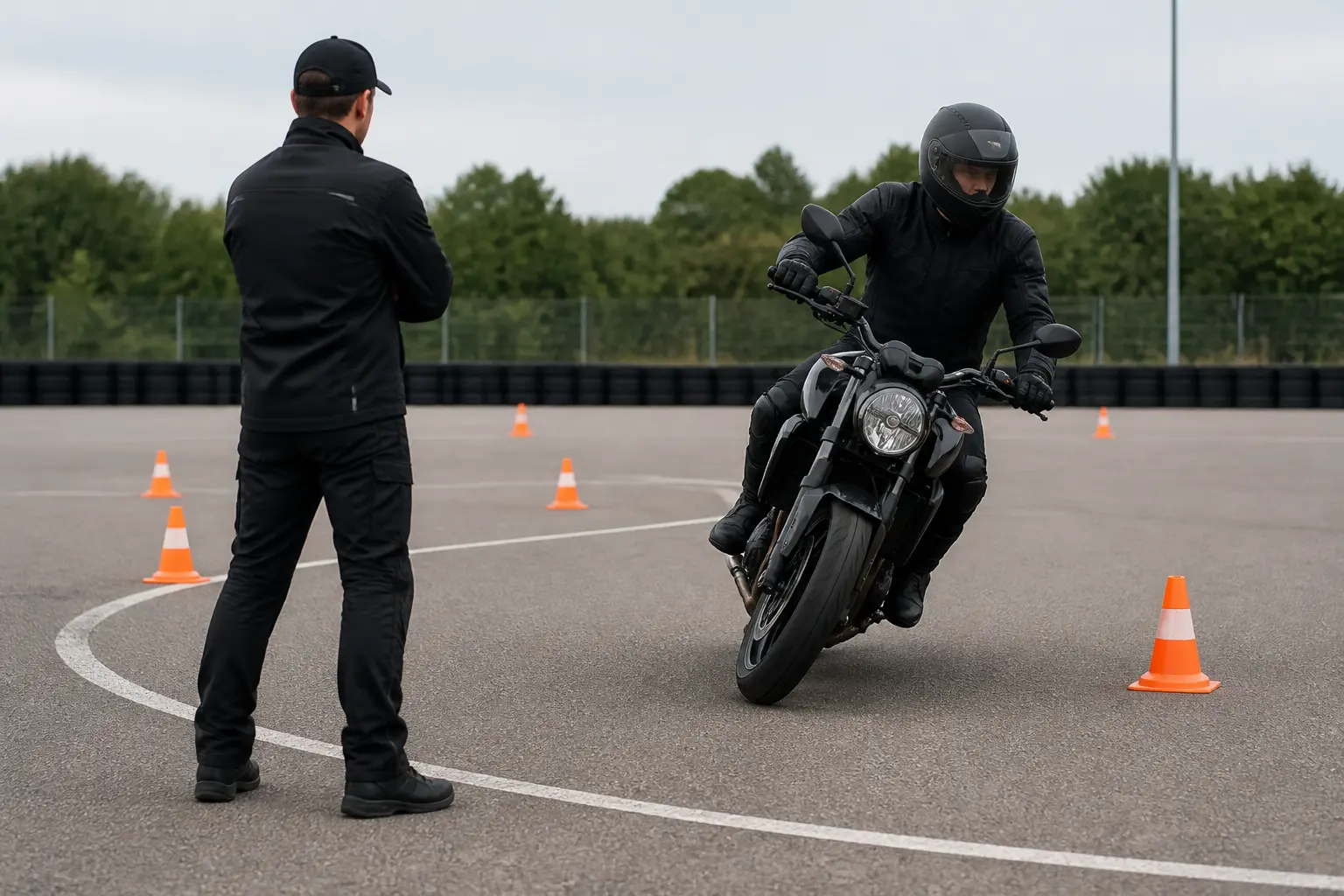 Instructor observing a motorcyclist during a closed-area skills session