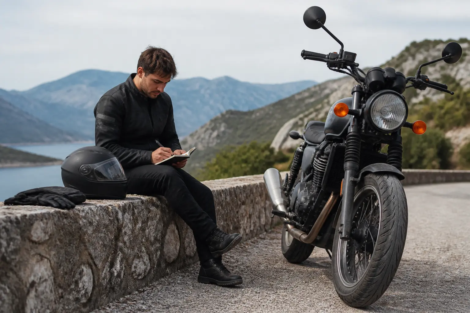 Motorcyclist recording brief notes after a ride beside a parked motorcycle