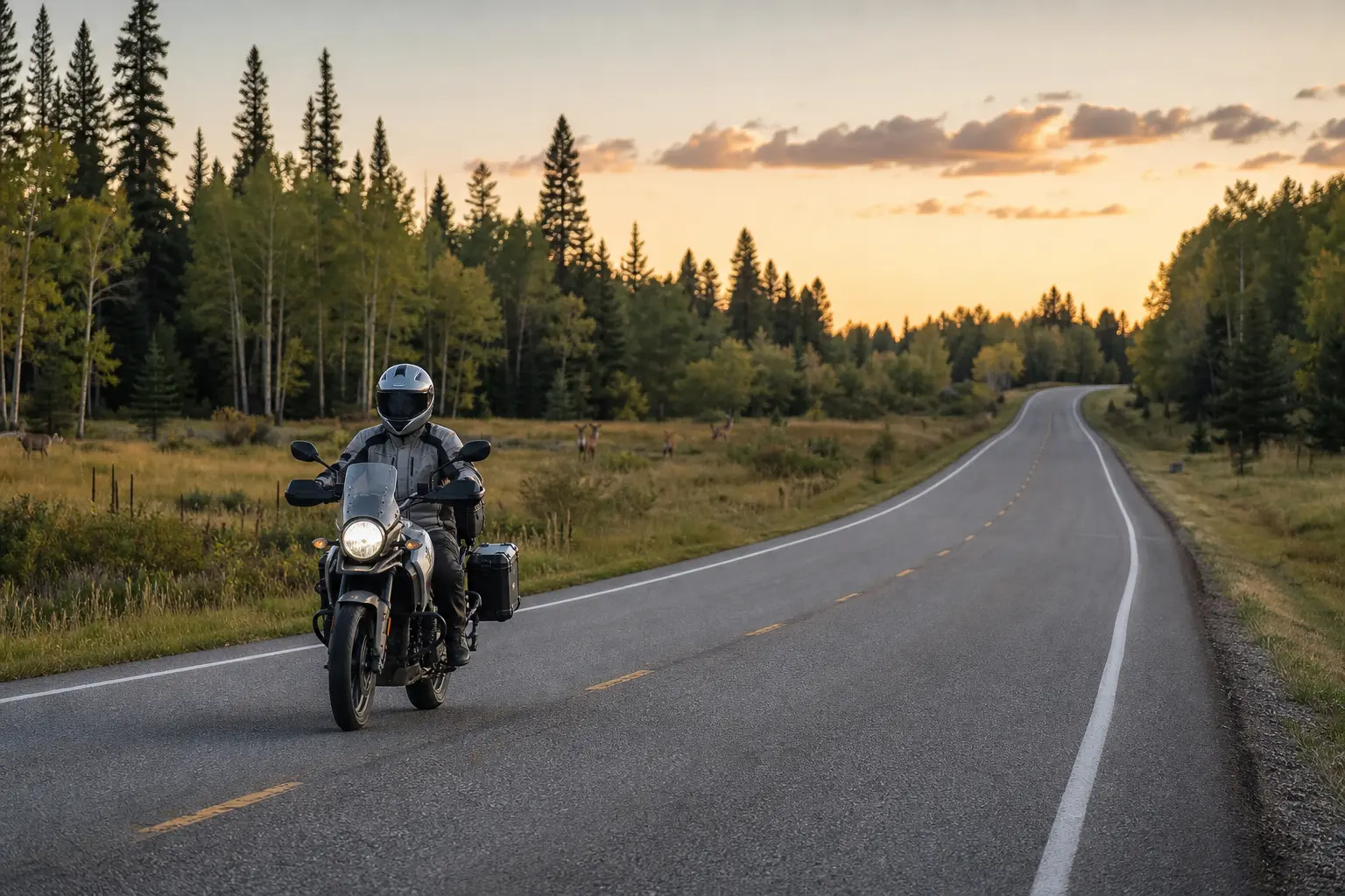 Motorcyclist riding cautiously on a wooded rural road near dusk.