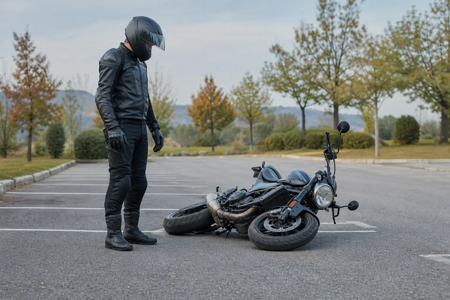 Rider visually checking an upright motorcycle after a low-speed tip-over.