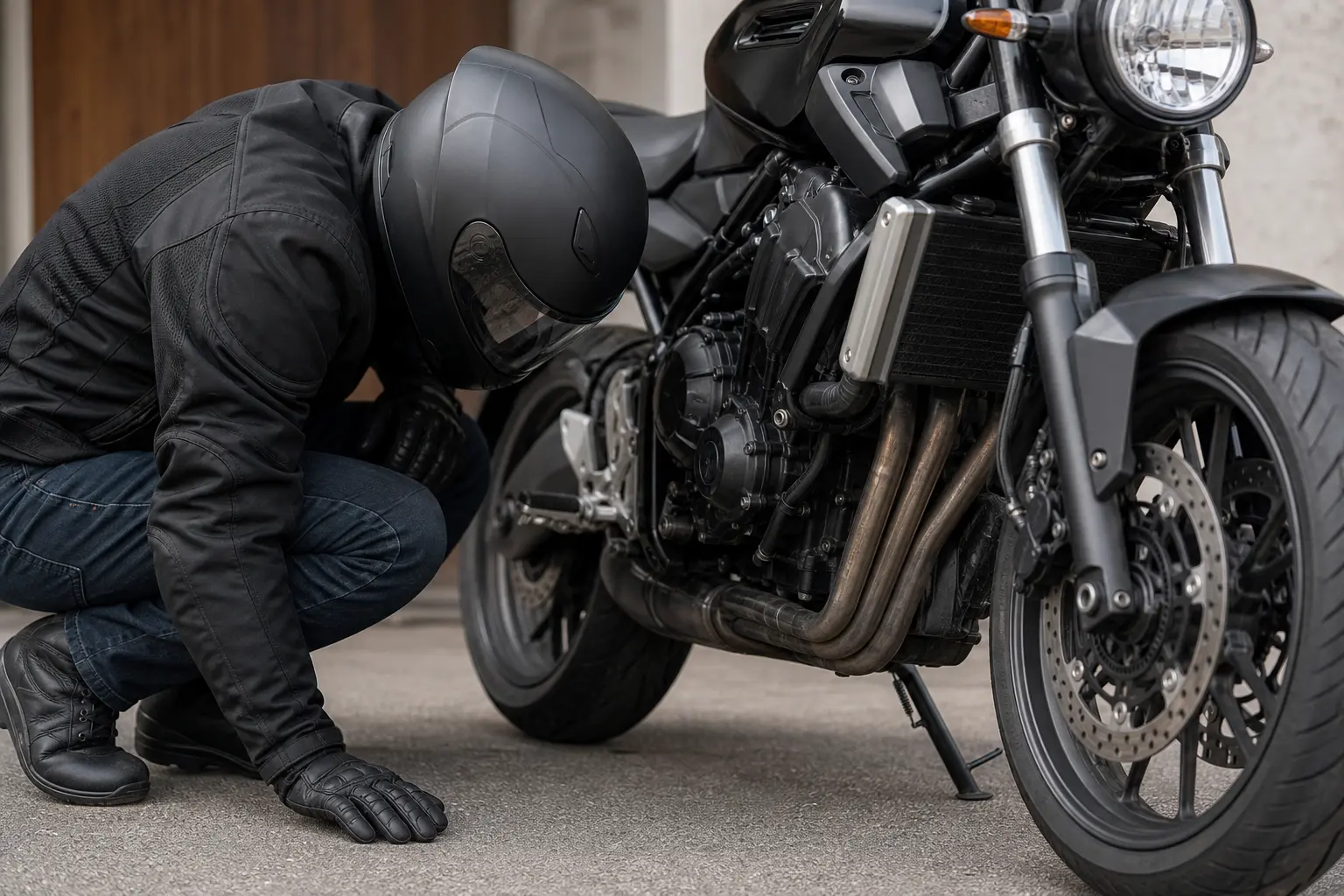 Rider inspecting the lower area of a parked motorcycle after a tip-over.