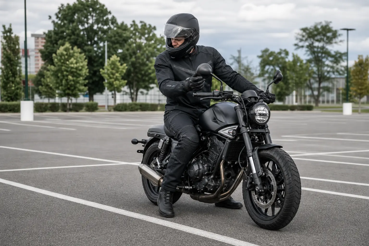 Rider checking controls and mirrors while the motorcycle is stationary.