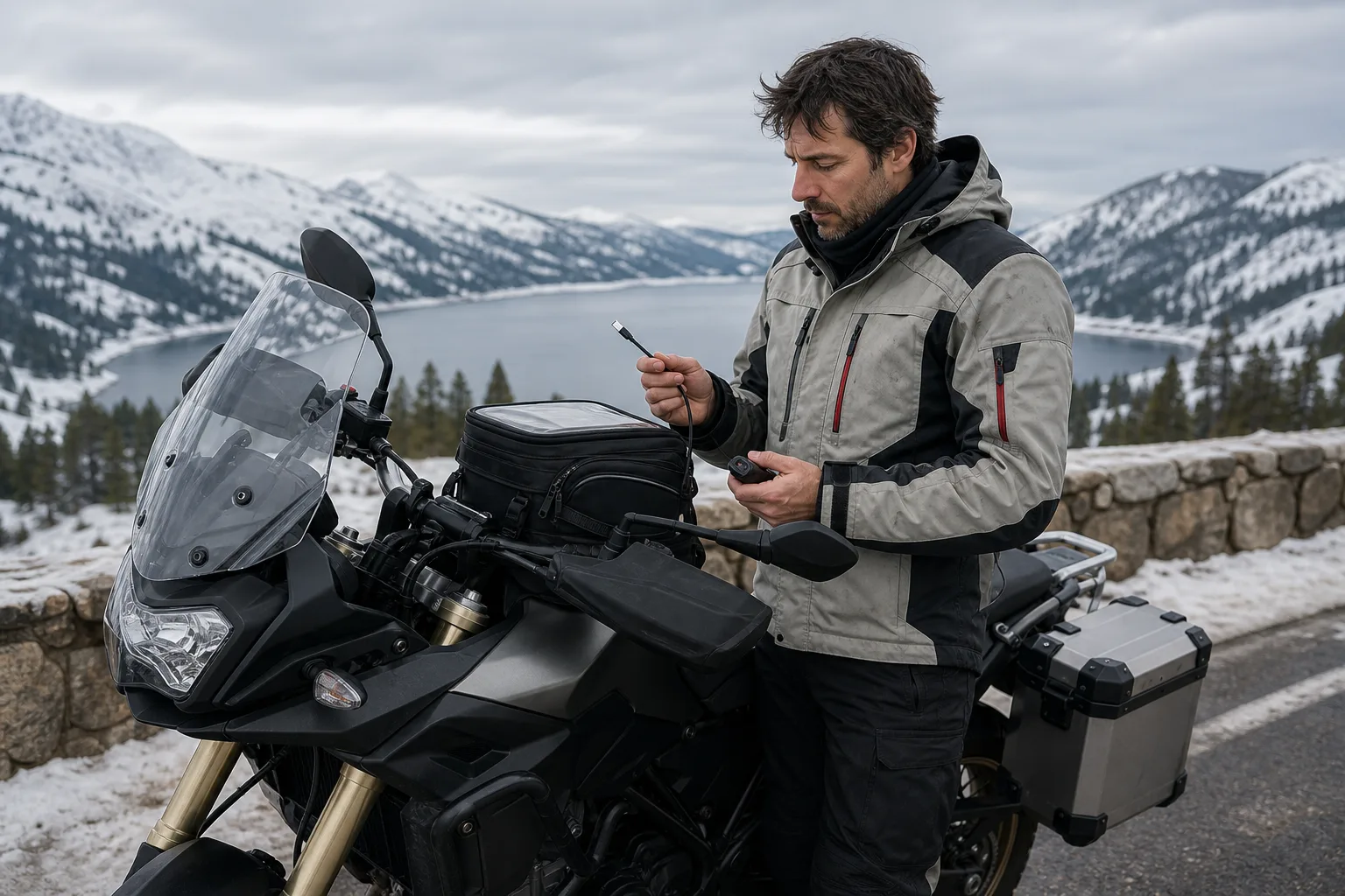 Motorcycle rider considering heated gear and USB accessories before a cold ride.
