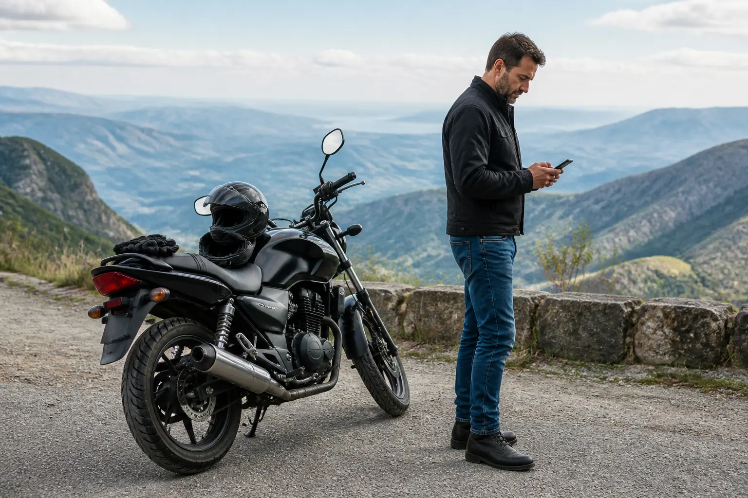 Motorcyclist recording a post-ride observation beside a parked motorcycle
