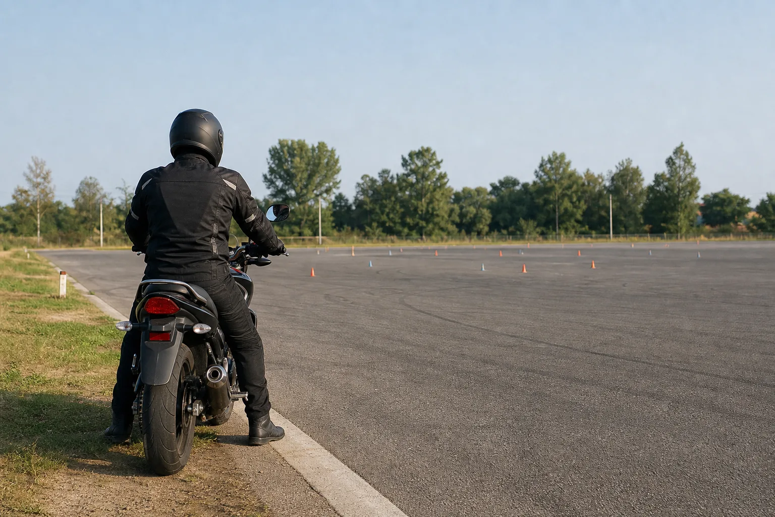 Street rider preparing in an empty paved practice area.