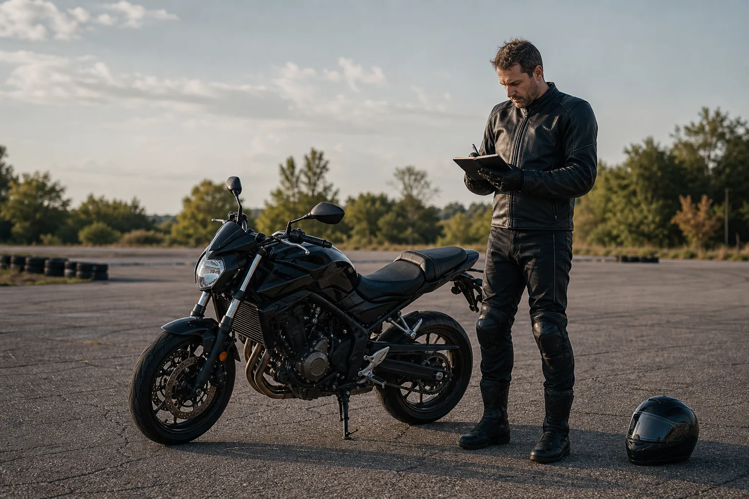 Rider recording notes beside a motorcycle after practice.