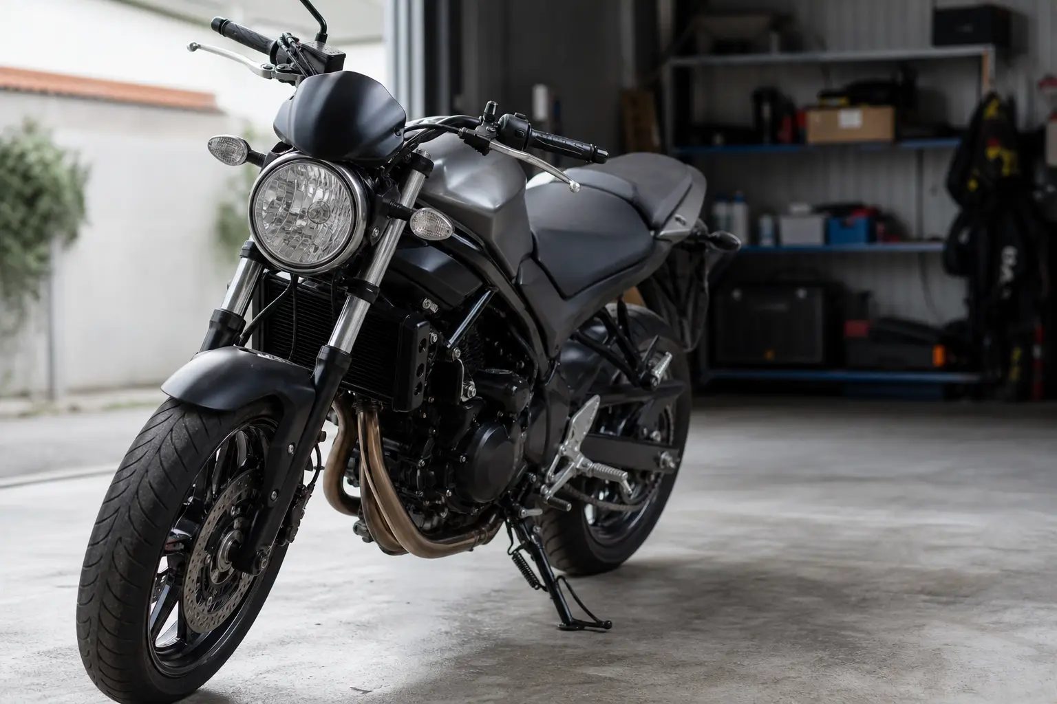 Parked motorcycle with a visibly wet front fork tube.