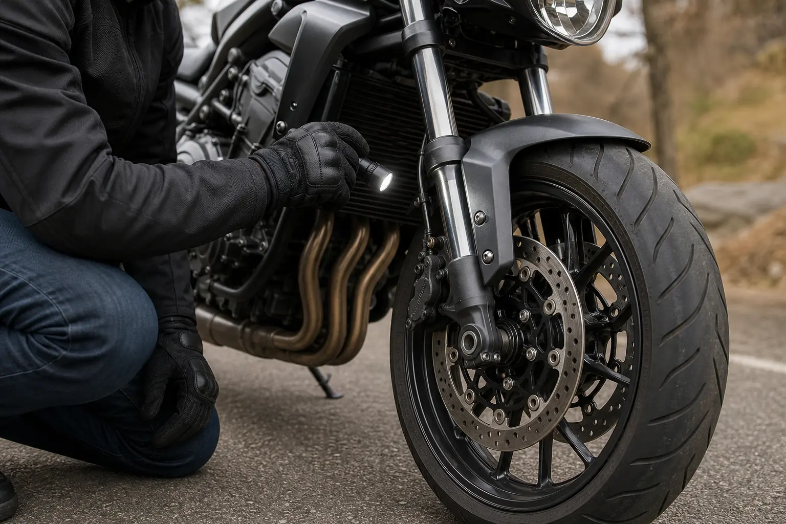 Visual inspection of a motorcycle front fork and wheel area.
